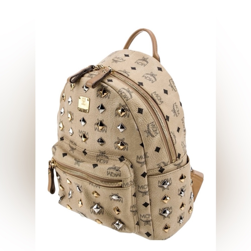 MCM Beige Visetos Silver and Gold Pyramid Studded Backpack with Dust Bag - Picture 2 of 16
